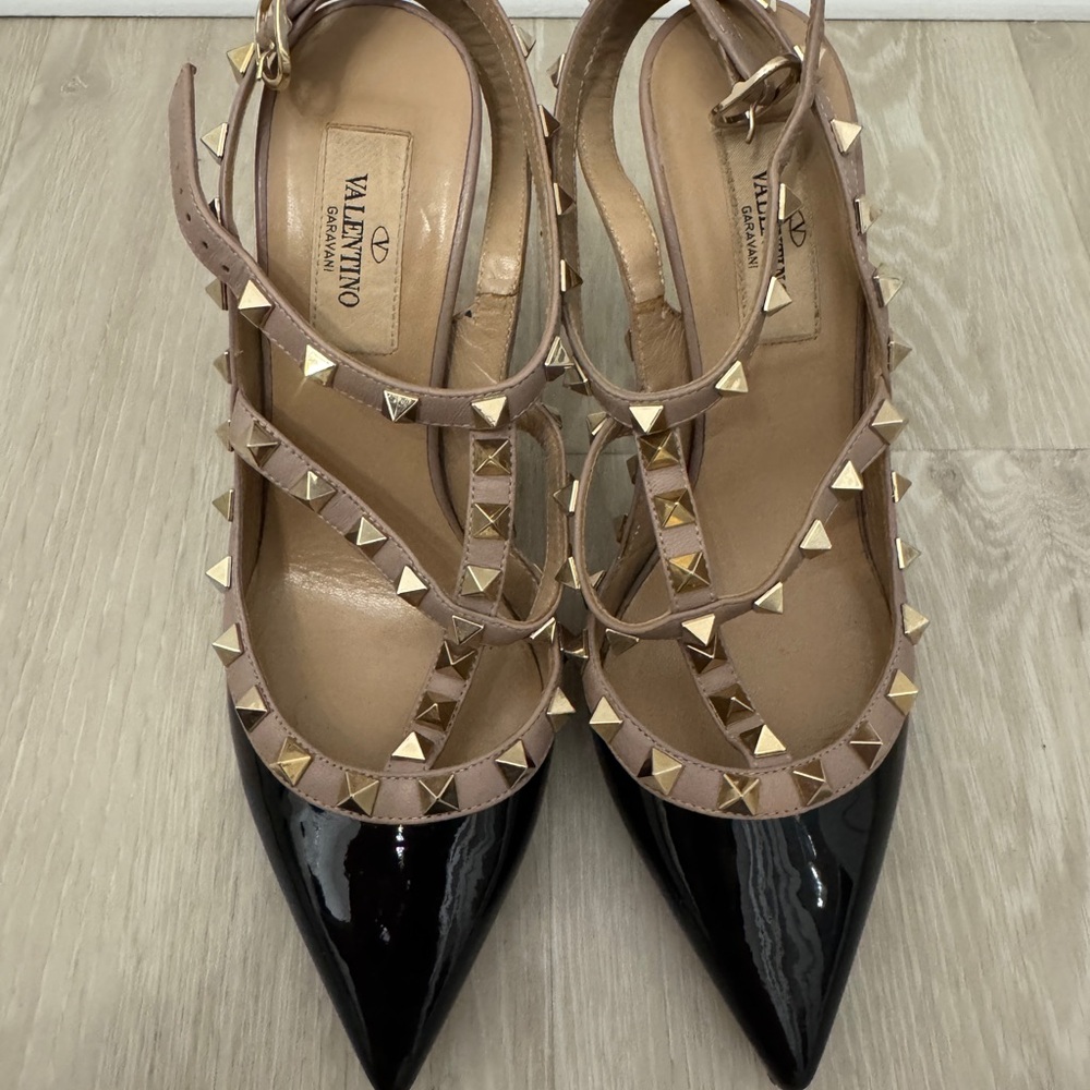 Valentino Black and Tan Studded Heels with Strappy Design